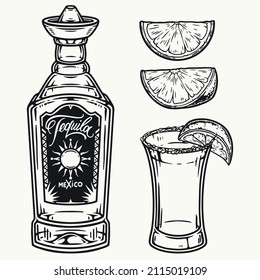 Monochrome set of tequila bottle with sun on label and cork in shape of sombrero, shot glass and lime slices, vector illustration