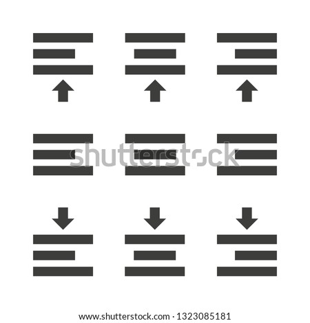 Monochrome set of text alignment icons relative to the page or object. Align right, middle, left, top and bottom.