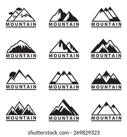 monochrome set of twelve mountain icons 