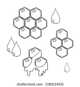Monochrome Set of various honeycombs with bee honey, vector illustration in cartoon style on a white background
