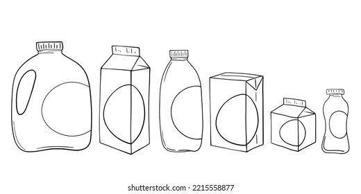 Conjunto monocromo, varios recipientes de plástico claro con leche y jugo, ilustración vectorial en el estilo de dibujos animados sobre un fondo blanco