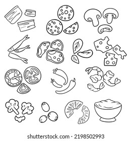 Monochrome set of various pizza toppings in cartoon style, images of various pizza toppings, vector illustration on a white background