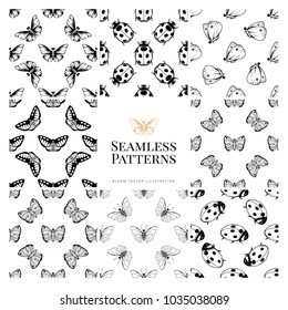 Monochrome set vector seamless plant pattern. Endless backgrounds decorative elements. Modern floral texture.