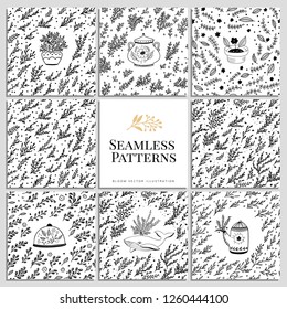 Monochrome set vector seamless plant patterns. Endless backgrounds decorative elements. Modern floral texture.