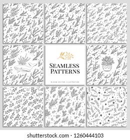 Monochrome set vector seamless plant patterns. Endless backgrounds decorative elements. Modern floral texture.