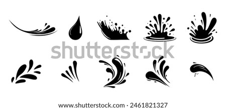 Monochrome Set of water wave splashes, falling aqua drops, sea or ocean waves. Blue water motion effects shape isolated on background, vector cartoon set