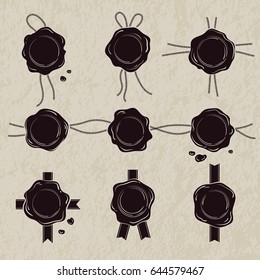 Monochrome set of wax seals. Vector illustrations isolate on white background