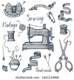 Monochrome sewing tools elements set on a white background to create seamless patterns, cards, packages, fabrics. Vector illustration.