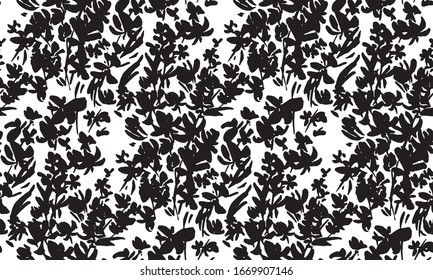Monochrome shabby vibes flower silhouette seamless pattern  Hand drawn floral traced repeatable motif.