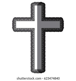 monochrome shading silhouette wooden cross with swirl decorative frame vector illustration