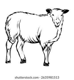 Monochrome sheep standing with detailed line drawing style isolated on transparent background, creating simple, animal illustration suitable for farm related designs.