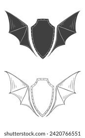 Monochrome Shield with Bat Wings. Vector illustration, tattoo sketch, emblem