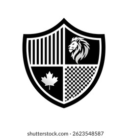 Monochrome Shield with Lion, Maple Leaf, and Checkerboard Elements