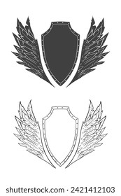 Monochrome Shield with wings. Vector illustration, tattoo sketch, emblem