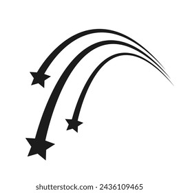 Monochrome shooting star. Meteor rain. Isolated. Black and white comet. Group of star shapes with long tails. Celestial design element. Minimalistic flat style illustration.