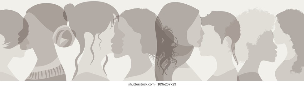 Monochrome side silhouette group multiethnic diversity women and girl who talk.Women social network community.Face head.Communication and sharing female friendship and of diverse culture
