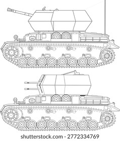 A monochrome side view comparison of two German self-propelled anti-aircraft guns from World War 2, both based on the Panzer IV chassis. Features Ostwind (top left) with its 37mm Flak 43 cannon in a nine-sided open turret and Wirbelwind (bottom right) with its quadruple 20mm Flakvierling in a larger multi-sided turret. Black outline line art illustration with both vehicles shown on the same sheet for direct comparison. Perfect for military history references, World War 2 armored vehicle documentation, and flakpanzer collections.