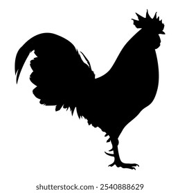 Monochrome Side View Rooster Silhouette in Black and White, Simple Vector Illustration Isolated on White Background, Perfect for Farm, Rustic Designs, Editable and Scalable EPS File