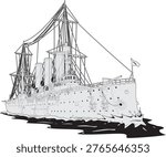 A monochrome side view of the Russian protected cruiser Aurora, a Pallada-class warship built in 1903. Black outline line art illustration of this historic naval vessel featuring three funnels, three masts, and classic cruiser silhouette. Now preserved as a museum ship in Saint Petersburg. Perfect for naval history references, Russian military history, and vintage warship documentation.