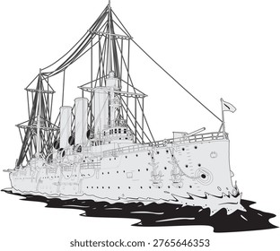 A monochrome side view of the Russian protected cruiser Aurora, a Pallada-class warship built in 1903. Black outline line art illustration of this historic naval vessel featuring three funnels, three masts, and classic cruiser silhouette. Now preserved as a museum ship in Saint Petersburg. Perfect for naval history references, Russian military history, and vintage warship documentation.