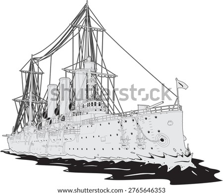 A monochrome side view of the Russian protected cruiser Aurora, a Pallada-class warship built in 1903. Black outline line art illustration of this historic naval vessel featuring three funnels, three masts, and classic cruiser silhouette. Now preserved as a museum ship in Saint Petersburg. Perfect for naval history references, Russian military history, and vintage warship documentation.