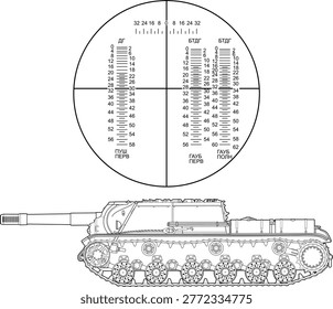 A monochrome side view of the Soviet SU-152 heavy assault gun from World War 2, accompanied by an enlarged top-down detail of its optical gunsight. Black outline line art illustration featuring the massive boxy casemate, 152mm ML-20 howitzer, and KV-1S based chassis. The upper section shows a detailed view of the telescopic sight used for direct fire engagement. Isolated on white background. Perfect for military history references, armored vehicle documentation, and artillery sight technical illustrations.