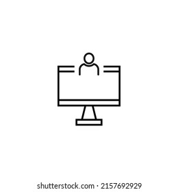 Monochrome sign drawn with black thin line. Perfect for internet resources, stores, books, shops, advertising. Vector icon of user inside of computer