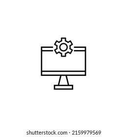 Monochrome sign drawn with black thin line. Perfect for internet resources, stores, books, shops, advertising. Vector icon of gear or cogwheel inside of computer 