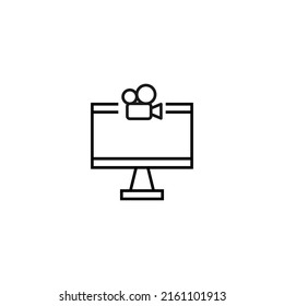 Monochrome sign drawn with black thin line. Perfect for internet resources, stores, books, shops, advertising. Vector icon of video camera inside of computer 