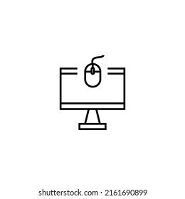 Monochrome sign drawn with black thin line. Perfect for internet resources, stores, books, shops, advertising. Vector icon of computer mouse inside of computer 