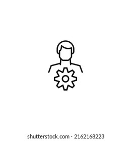 Monochrome sign drawn with black thin line. Modern vector symbol perfect for sites, apps, books, banners etc. Line icon of gear or cogwheel next to faceless man