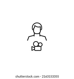 Monochrome sign drawn with black thin line. Modern vector symbol perfect for sites, apps, books, banners etc. Line icon of video camera next to faceless man