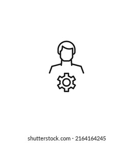 Monochrome sign drawn with black thin line. Modern vector symbol perfect for sites, apps, books, banners etc. Line icon of cogwheel or gear next to faceless man