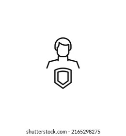 Monochrome sign drawn with black thin line. Modern vector symbol perfect for sites, apps, books, banners etc. Line icon of armor or shield next to faceless man