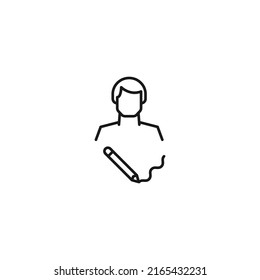 Monochrome sign drawn with black thin line. Modern vector symbol perfect for sites, apps, books, banners etc. Line icon of writing pencil next to faceless man