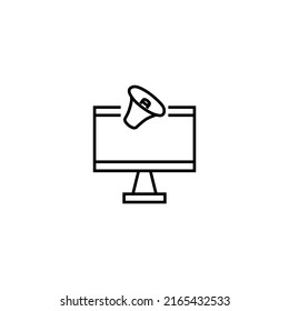 Monochrome sign drawn with black thin line. Perfect for internet resources, stores, books, shops, advertising. Vector icon of loud speaker or megaphone inside of computer 