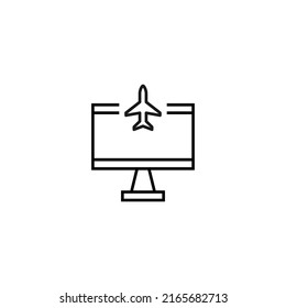 Monochrome sign drawn with black thin line. Perfect for internet resources, stores, books, shops, advertising. Vector icon of airplane inside of computer 
