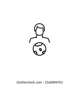 Monochrome sign drawn with black thin line. Modern vector symbol perfect for sites, apps, books, banners etc. Line icon of earth or globe next to faceless man