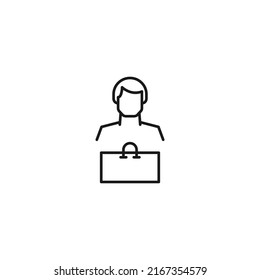 Monochrome sign drawn with black thin line. Modern vector symbol perfect for sites, apps, books, banners etc. Line icon of shopping bag next to faceless man