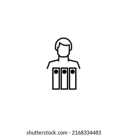 Monochrome sign drawn with black thin line. Modern vector symbol perfect for sites, apps, books, banners etc. Line icon of document folders next to faceless man