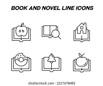 Monochrome signs in flat style for stores, shops, web sites. Editable stroke. Vector line icon set with symbols of apple, magnifying glass, house, donut, bell, apple over book