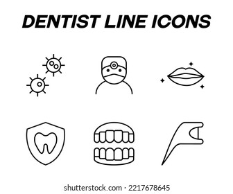 Monochrome signs in flat style for stores, shops, web sites. Editable stroke. Vector line icon set with symbols of virus, dentist, smile, tooth in shield, teeth, dental floss 