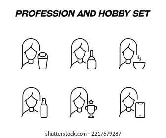 Monochrome signs in flat style for stores, shops, web sites. Editable stroke. Vector line icon set with symbols of trash can, cosmetic bottle, tea, win cup, smartphone by woman 
