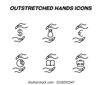 Monochrome signs in flat style for stores, shops, web sites. Editable stroke. Vector line icon set with symbols of dollar, euro, money bag, pie chart, book between hands 