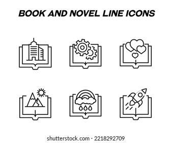 Monochrome signs in flat style for stores, shops, web sites. Editable stroke. Vector line icon set with symbols of building, gear, heart, mountain, rainbow, rocket ship over book  