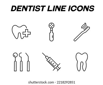 Monochrome signs in flat style for stores, shops, web sites. Editable stroke. Vector line icon set with symbols of cross by tooth, toothbrush, stomatologist tools, syringe 