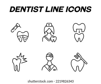 Monochrome Signs In Flat Style For Stores, Shops, Web Sites. Editable Stroke. Vector Line Icon Set With Symbols Of Caries, Female Dentist, Toothbrush, Dentist, Sick 