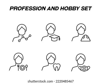 Monochrome signs in flat style for stores, shops, web sites. Editable stroke. Vector line icon set with symbols of progress line, academic cap, builder helmet, plate, tooth, mask by man 