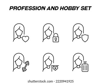 Monochrome signs in flat style for stores, shops, web sites. Editable stroke. Vector line icon set with symbols of heart, lock, shield, weights, hotel, luggage by woman 