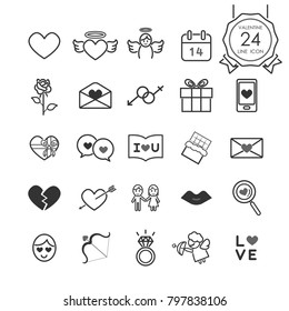 Monochrome signs and symbols line icons set of heart and romantic elements for valentines day, Vector illustration.